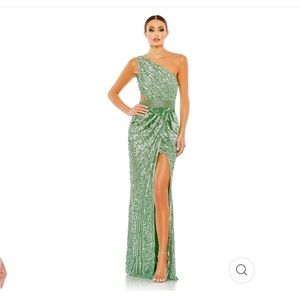 Mac Duggal. SEQUINED ONE SHOULDER DRAPED LACE UP GOWN. Color Sage. Size 4